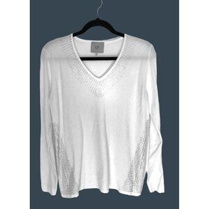 LIV-WHITE WOMENS WHITE V-NECK  LONG SLEEVE EMBELISHED RHINESTONES SWEATER SIZE M